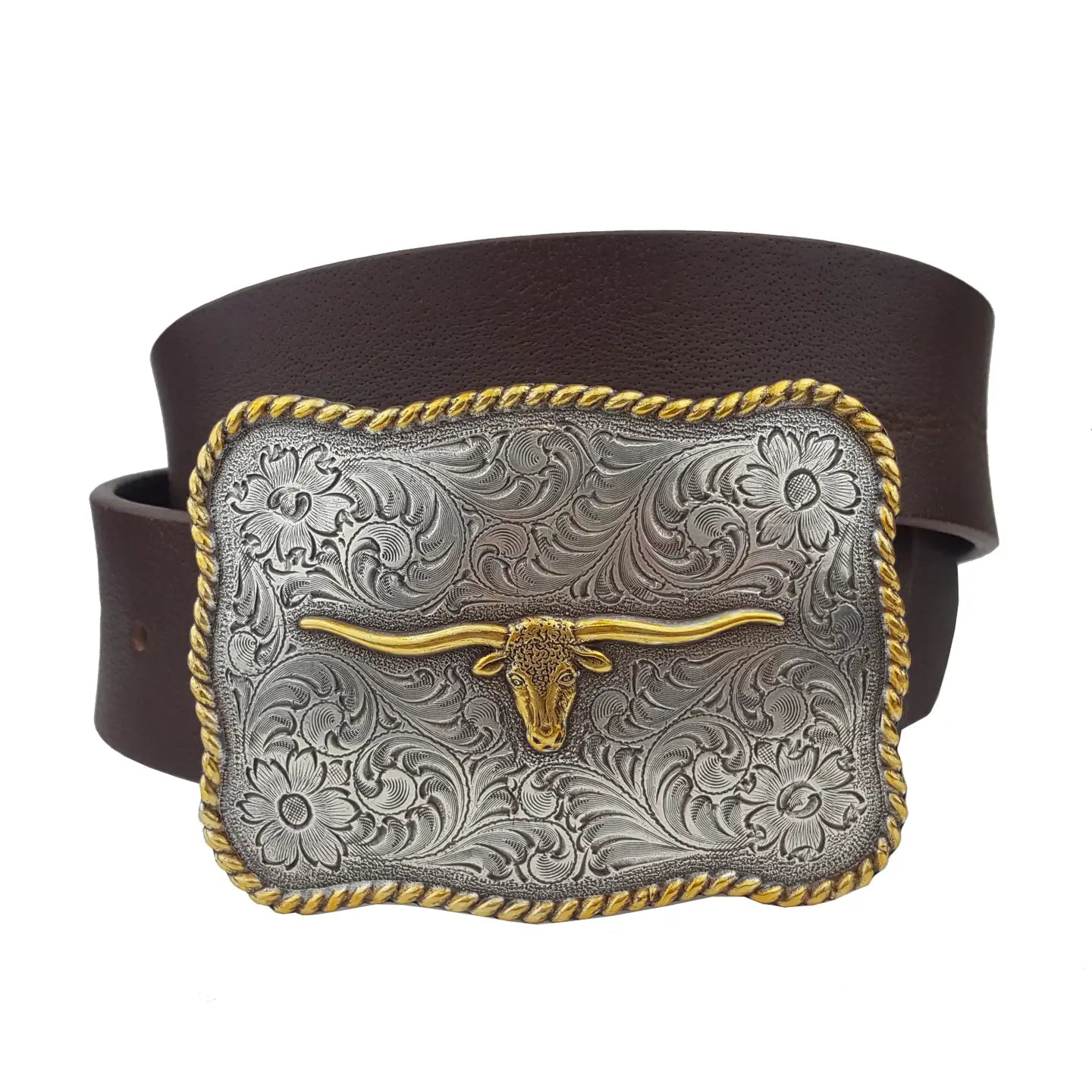 BROWN LEATHER BELT WITH LONGHORN BUCKLE