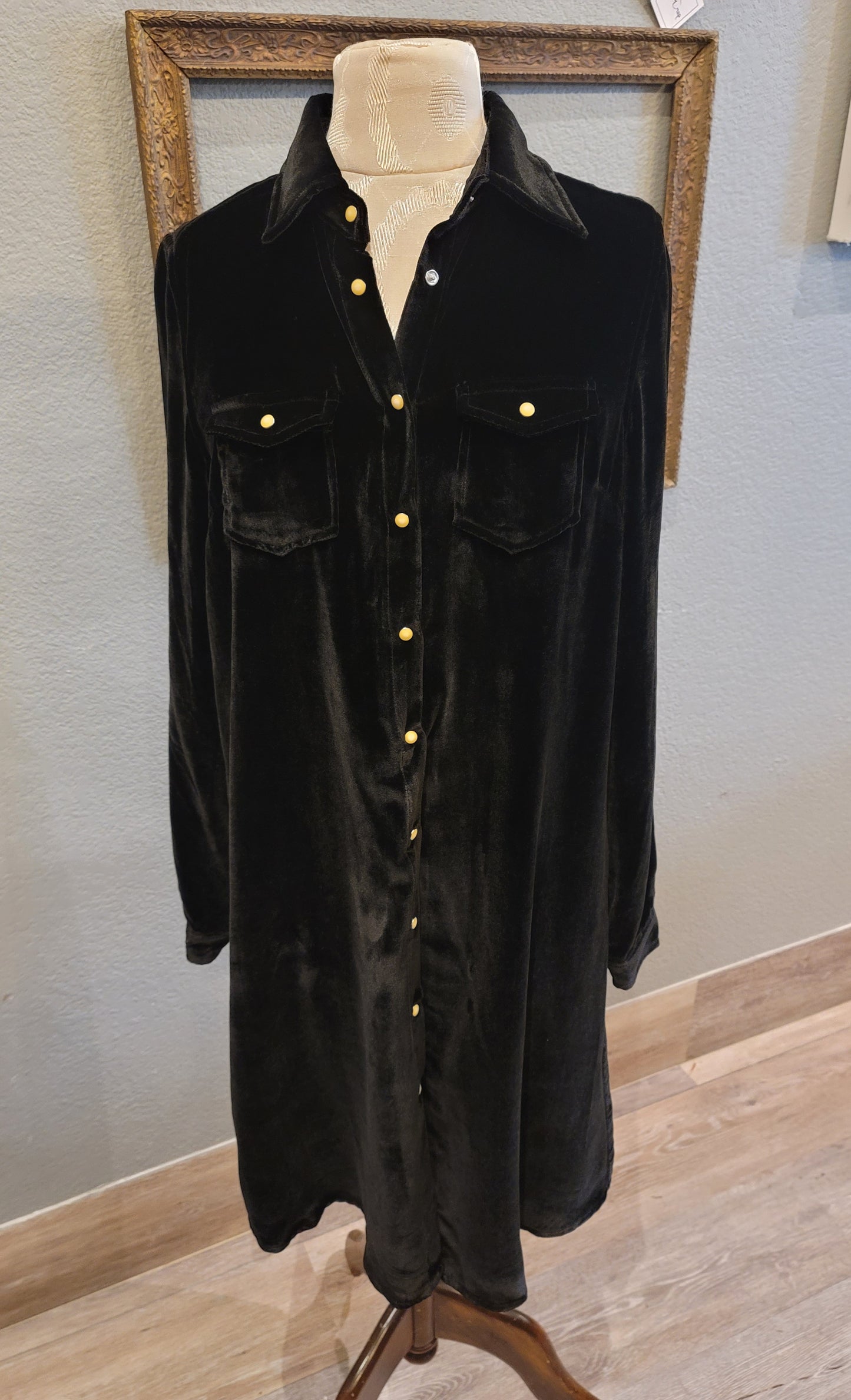 BUTTON UP SILK VELVET DRESS WITH PEARL SNAPS