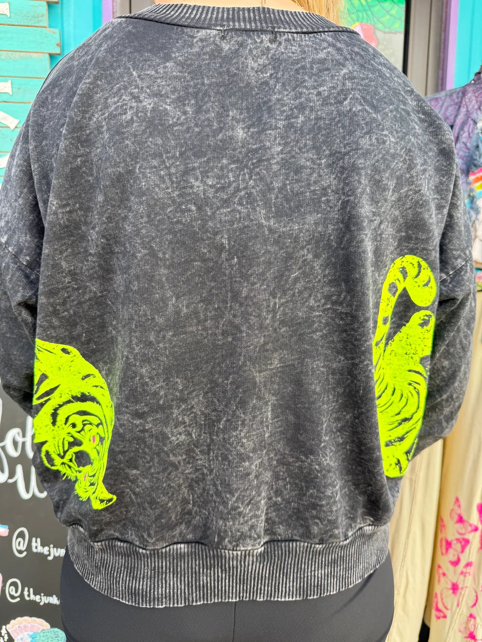 MINERAL WASH SWEATSHIRT WITH 2 TIGER PRINT BY I LOVE LINEN