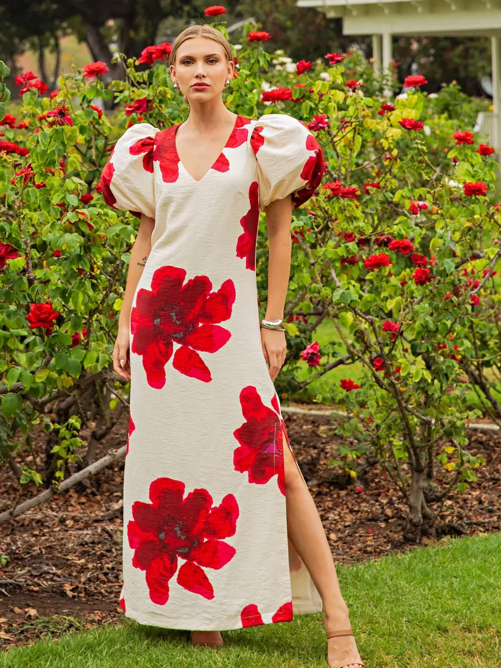 FLORAL PUFF SLEEVE MAXI DRESS - 2 COLORS