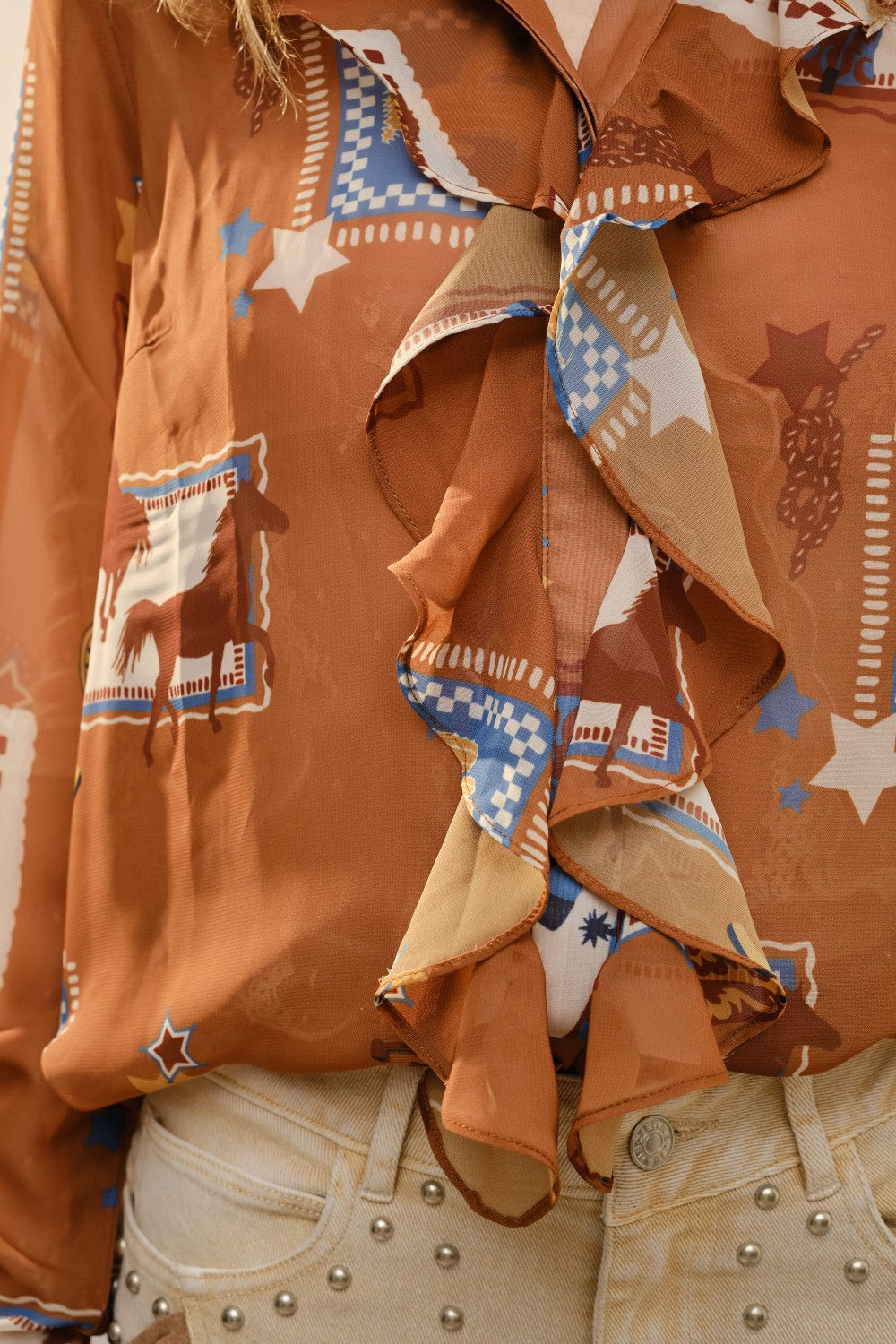 WESTERN PRINT RUFFLE BLOUSE