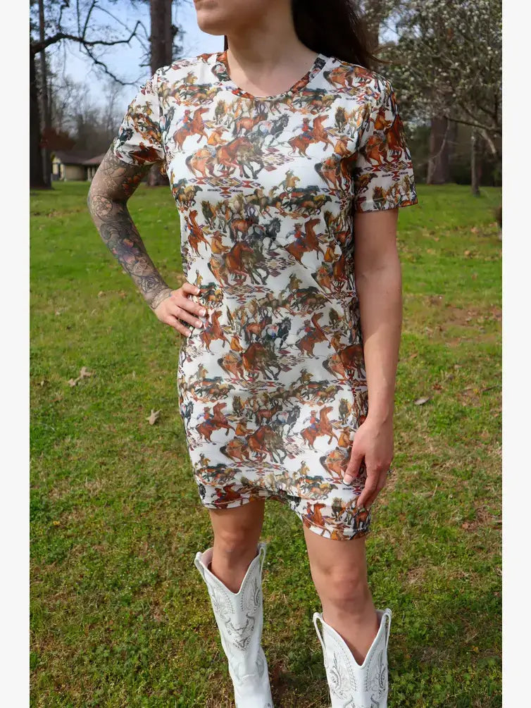 BUCKAROO PRINT MESH DRESS