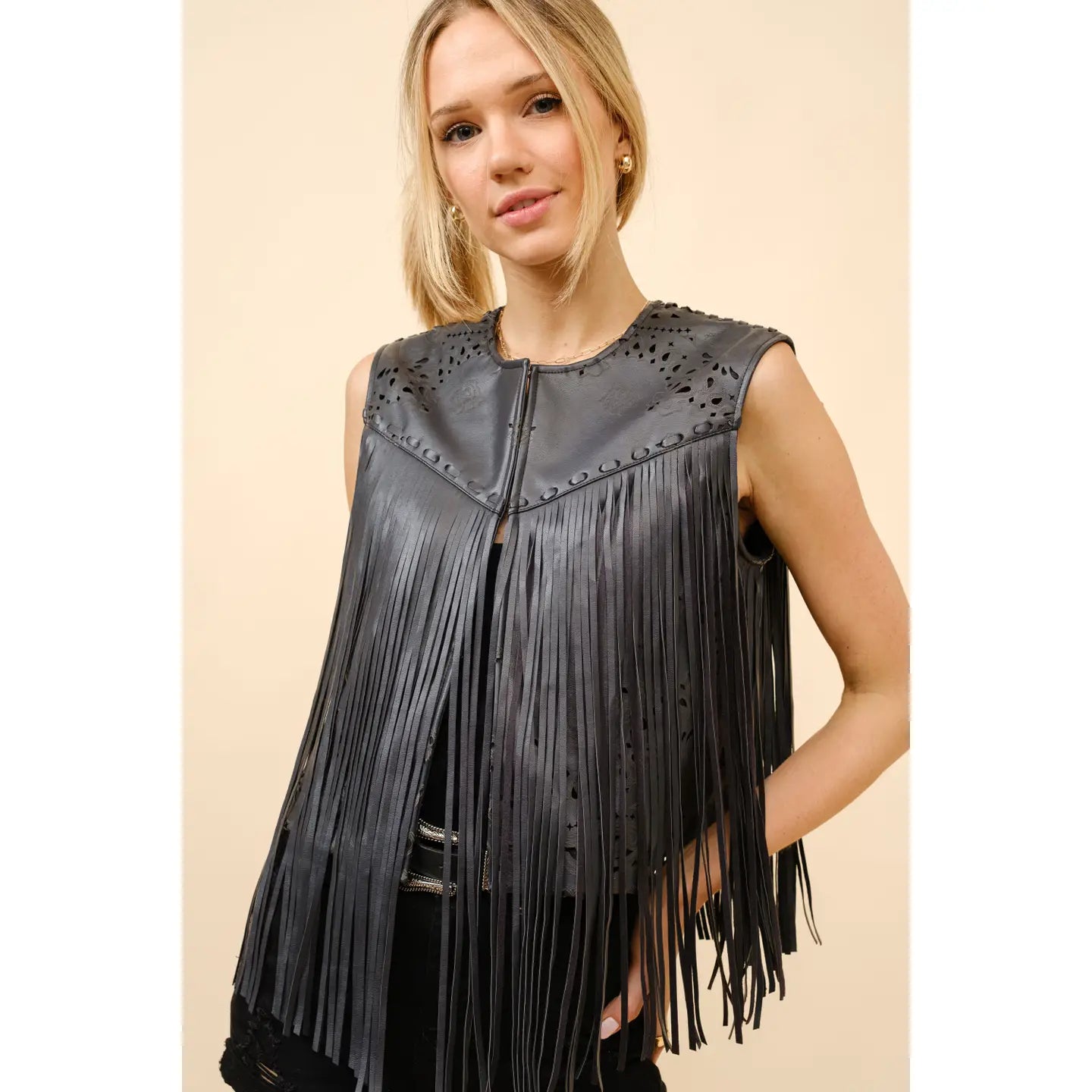 BANDANNA BURNOUT FAUX LEATHER FRINGE VEST