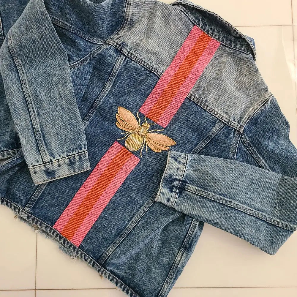 PINK AND ORANGE BEADED DENIM JACKET