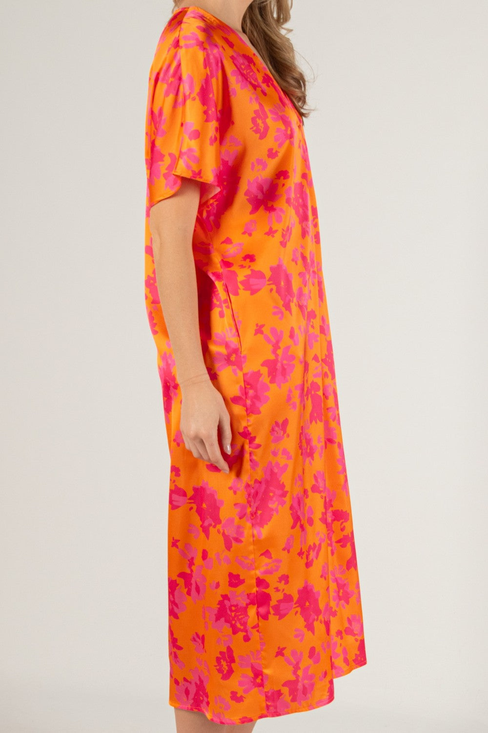 PINK AND ORANGE SATIN MIDI DRESS