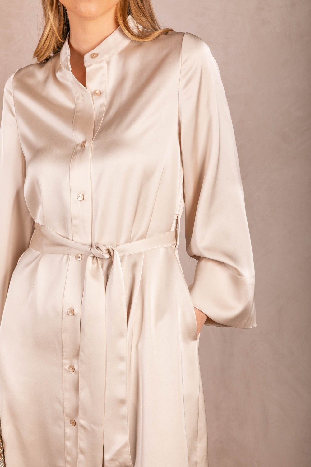 SATIN KIMONO SLEEVE SHIRT DRESS