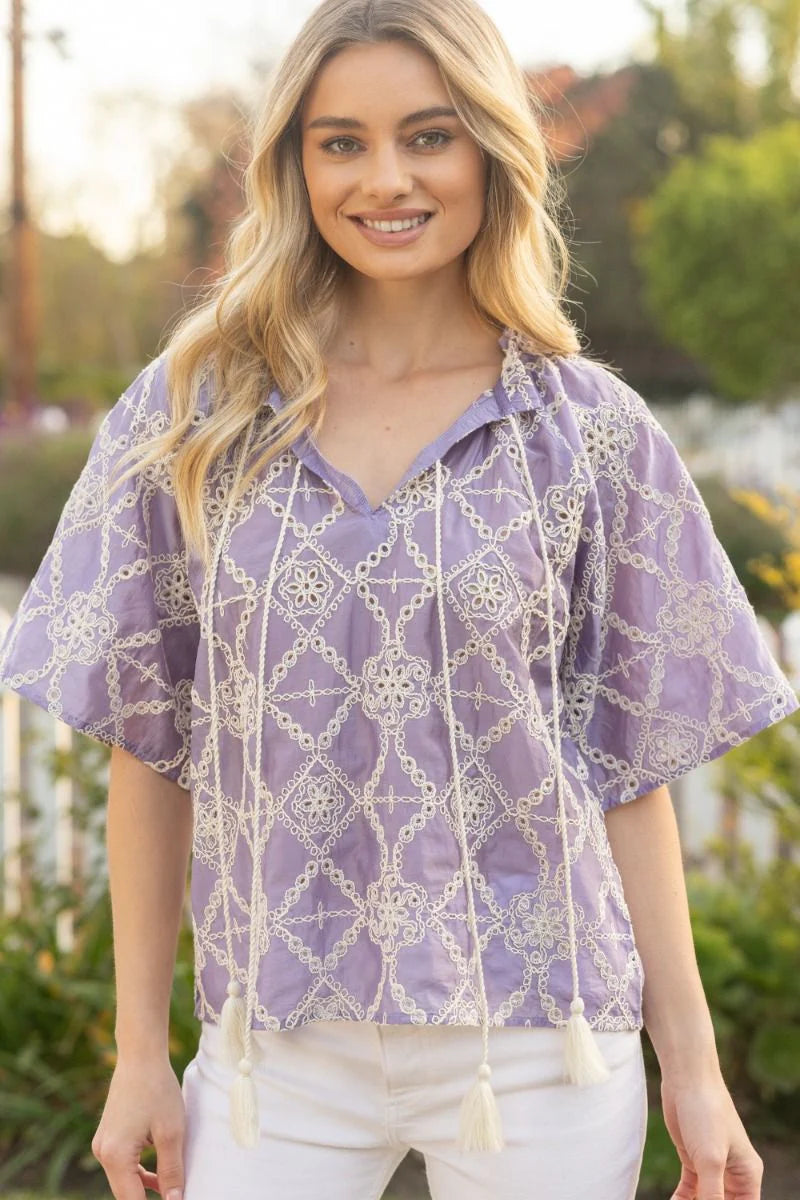 LAVENDER EYELET TASSEL TOP
