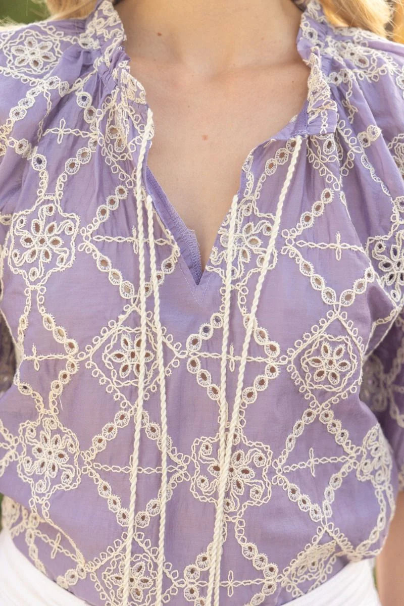 LAVENDER EYELET TASSEL TOP