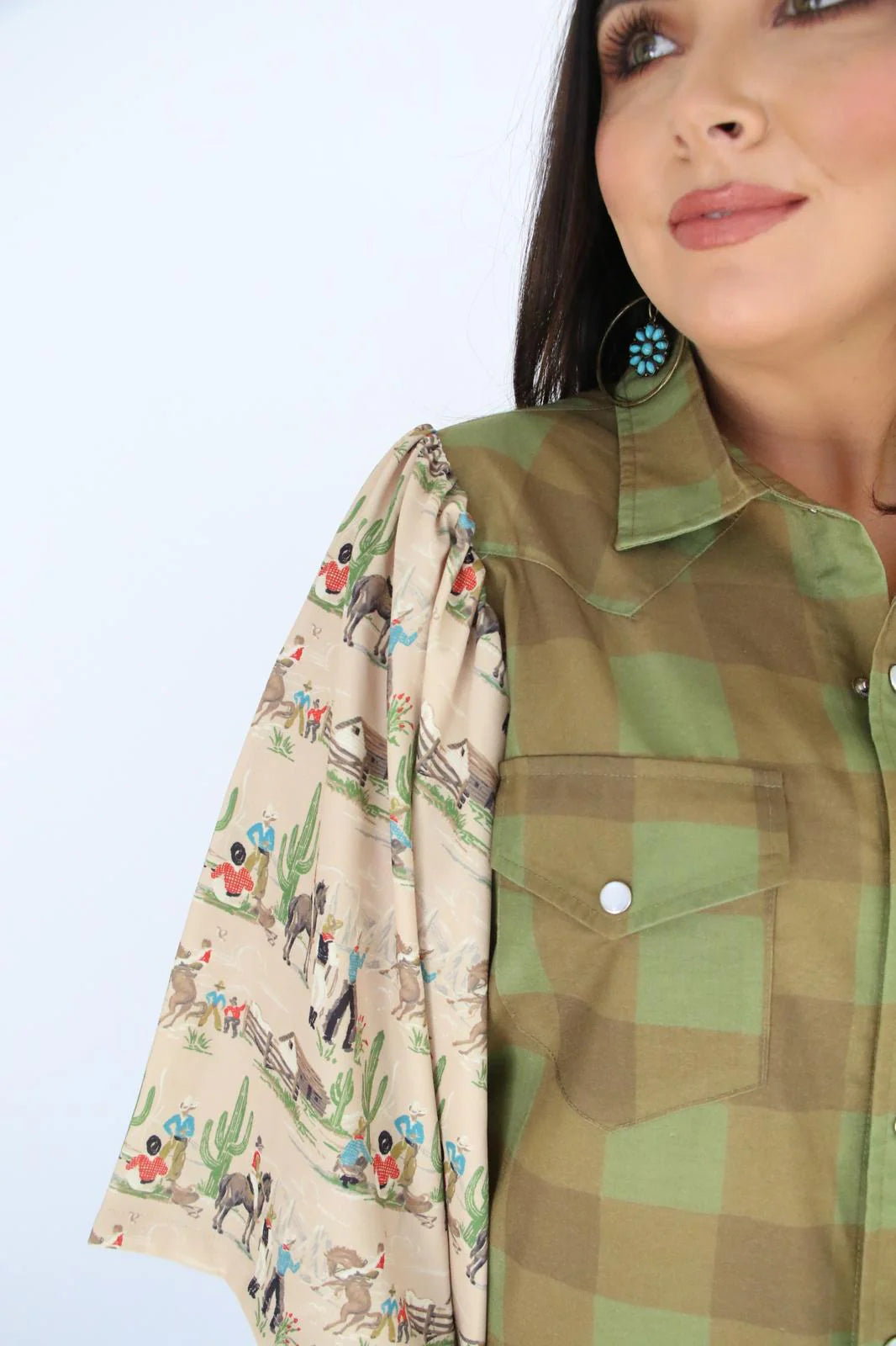 MIXED GREEN GINGHAM PEARL SNAP TOP