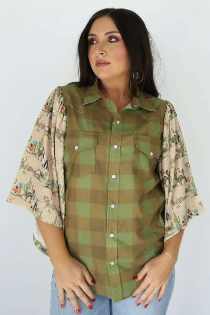 MIXED GREEN GINGHAM PEARL SNAP TOP