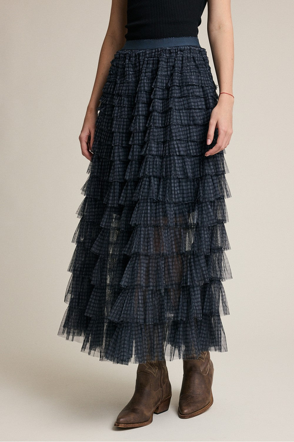 PLAID MESH RUFFLE SKIRT