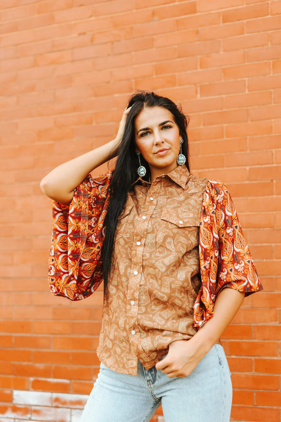 WESTERN THINGS MIX PRINT PEARL SNAP TOP