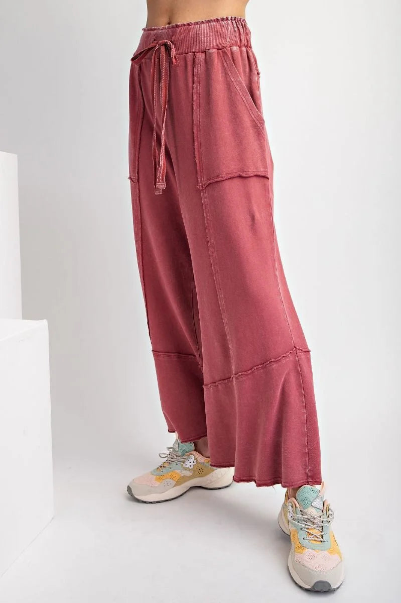 MINERAL WASHED WIDE LEG PANTS IN BOHO RED