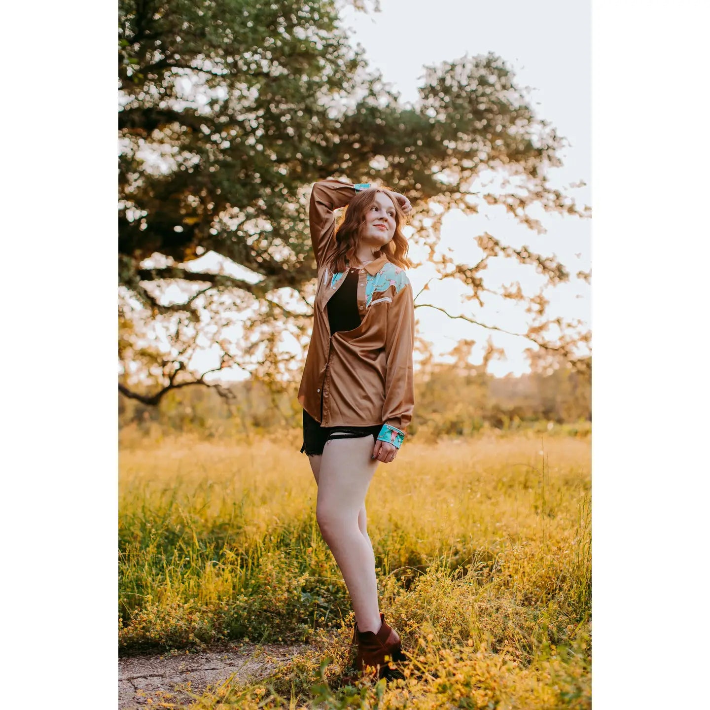 BROWN SATIN WESTERN BLOUSE