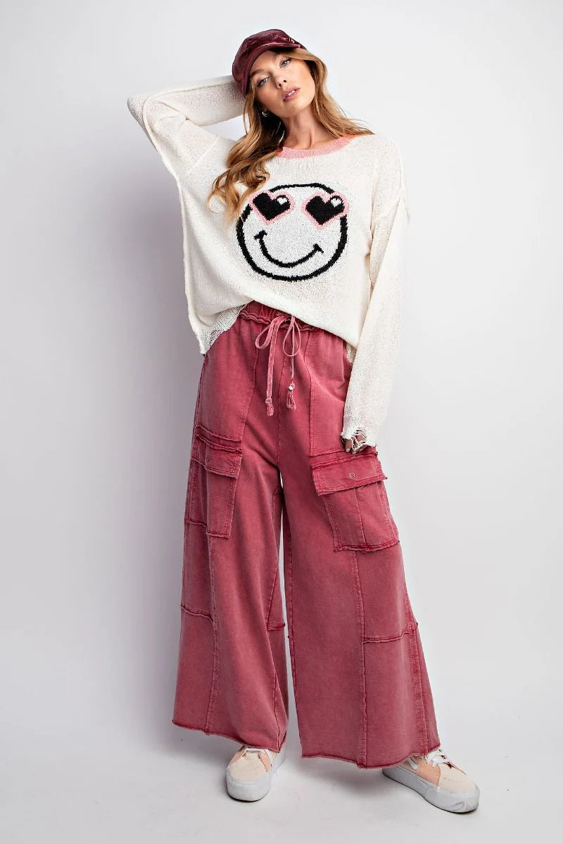 MINERAL WASHED WIDE LEG PANTS IN BOHO RED