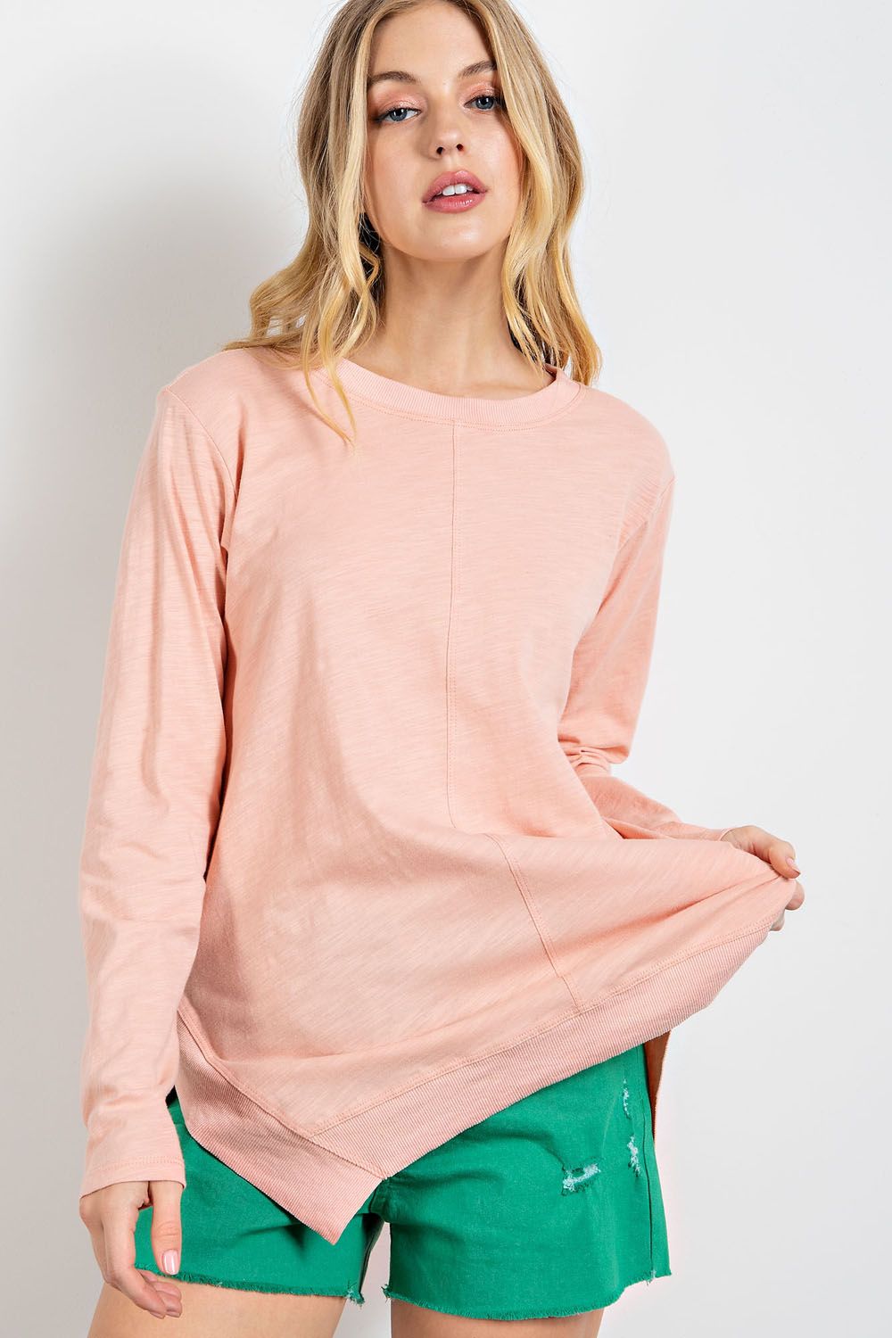 LONG SLEEVE SLUB T SHIRT IN PEACH