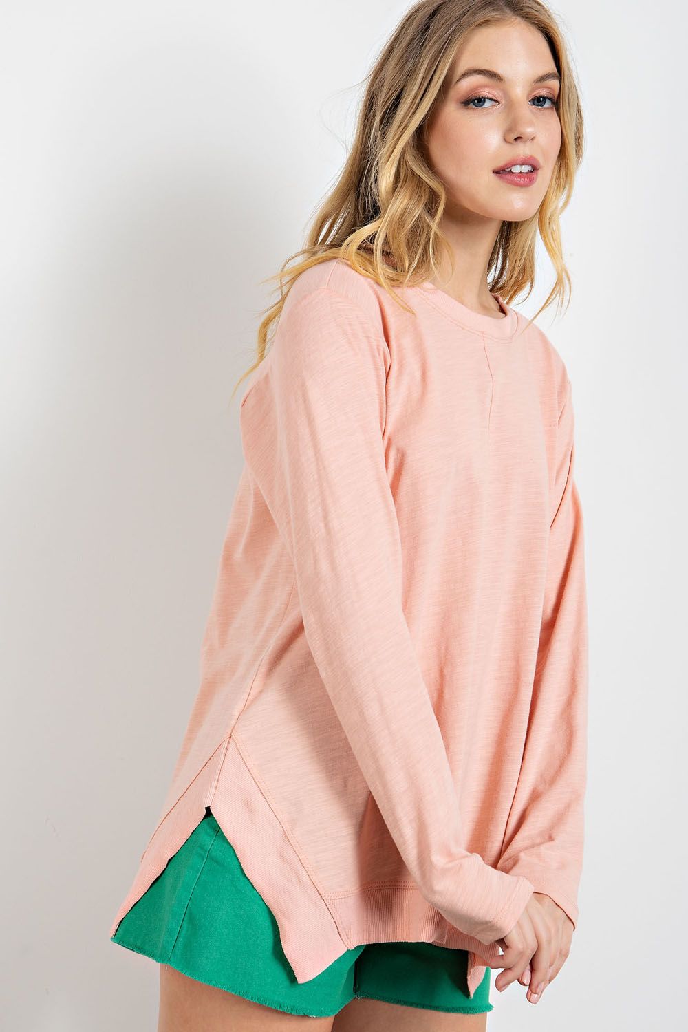 LONG SLEEVE SLUB T SHIRT IN PEACH