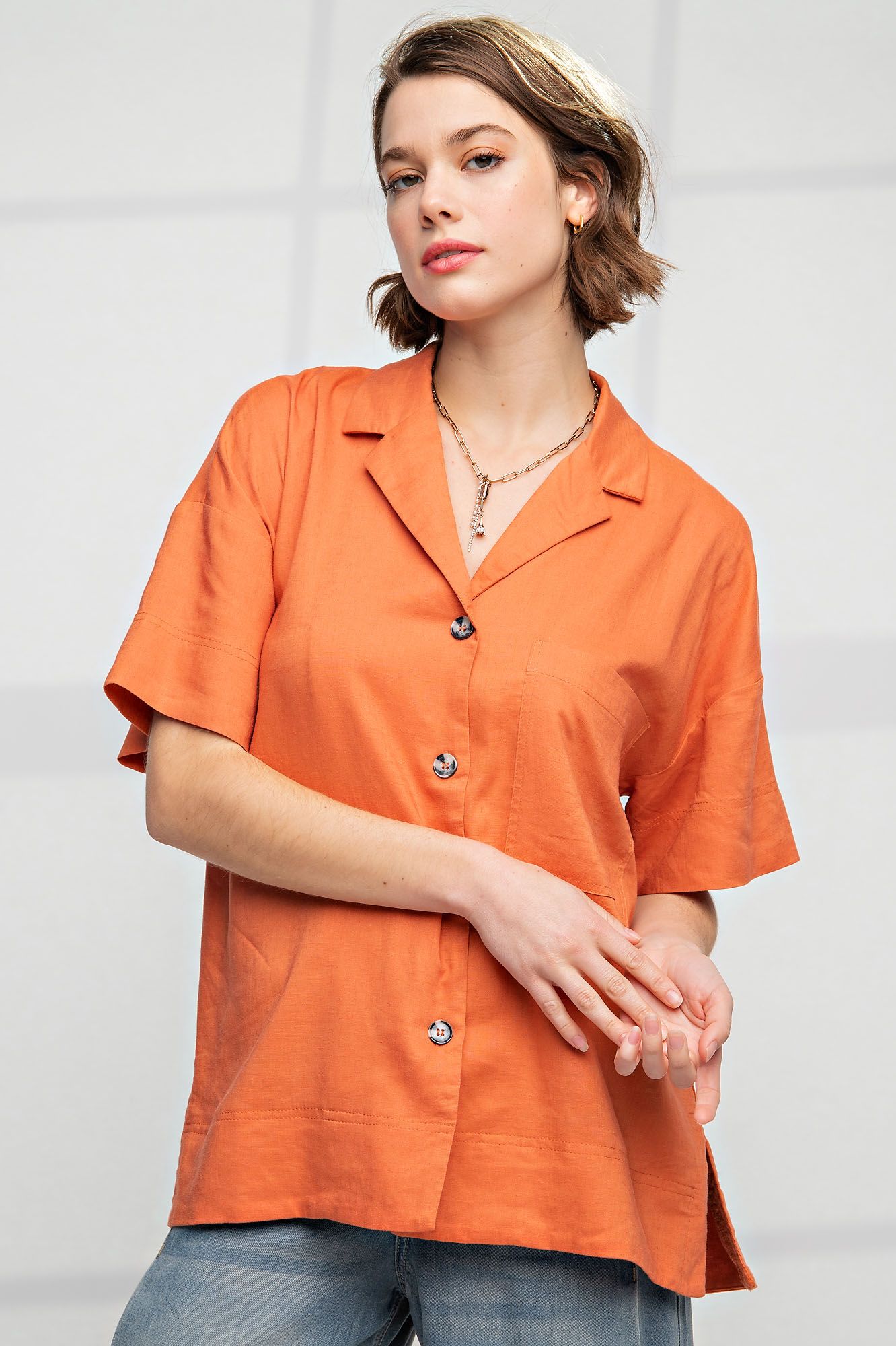LINEN BUTTON DOWN LOOSE FIT TOP