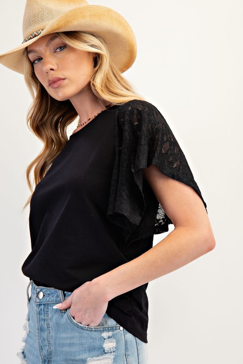COTTON JERSEY TOP WITH LACE SLEEVES