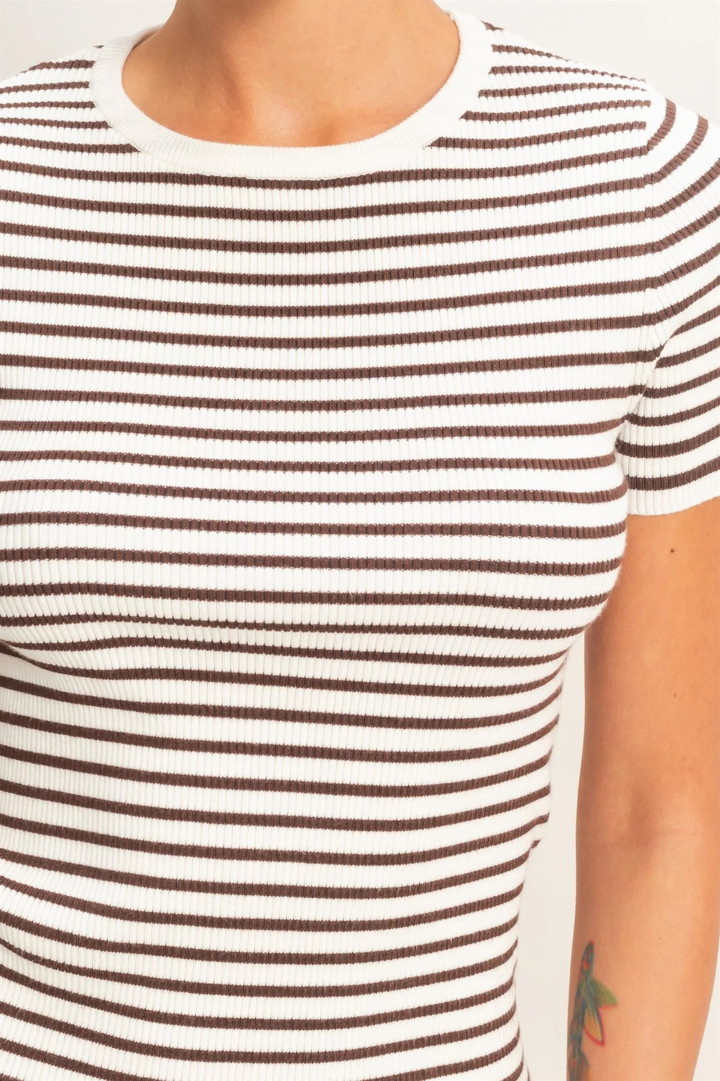 STRIPED RIBBED SHORT SLEEVE TOP - 2 COLORS