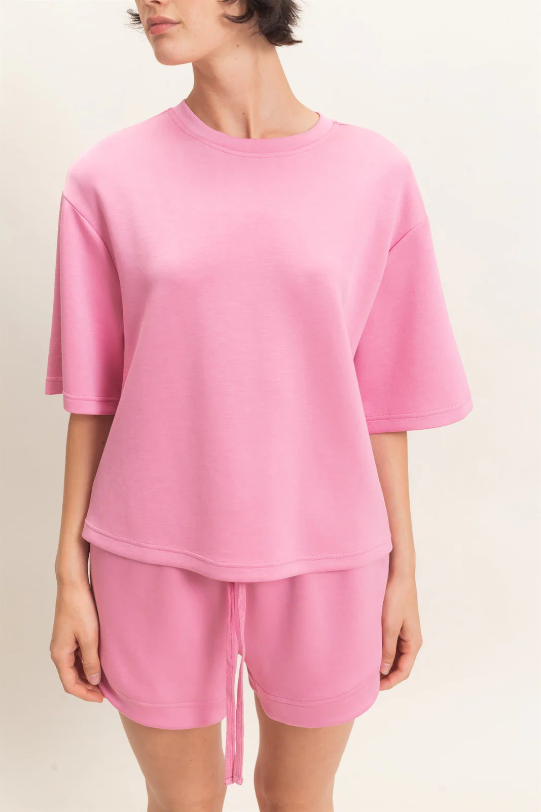 CREW NECK SHORT SLEEVE SWEAT TOP - 2 COLORS