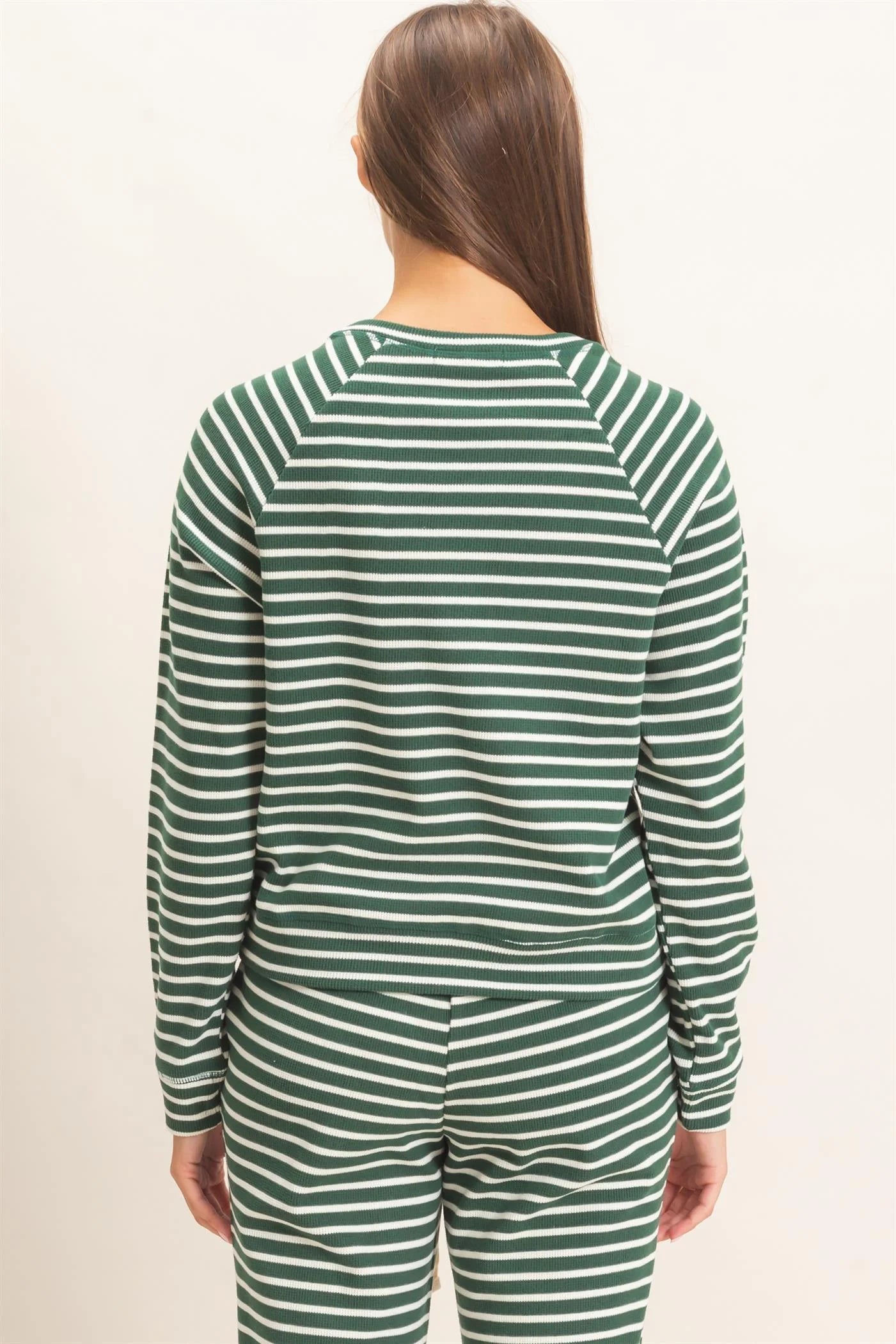 DARK GREEN STRIPED WAFFLE KNIT TOP