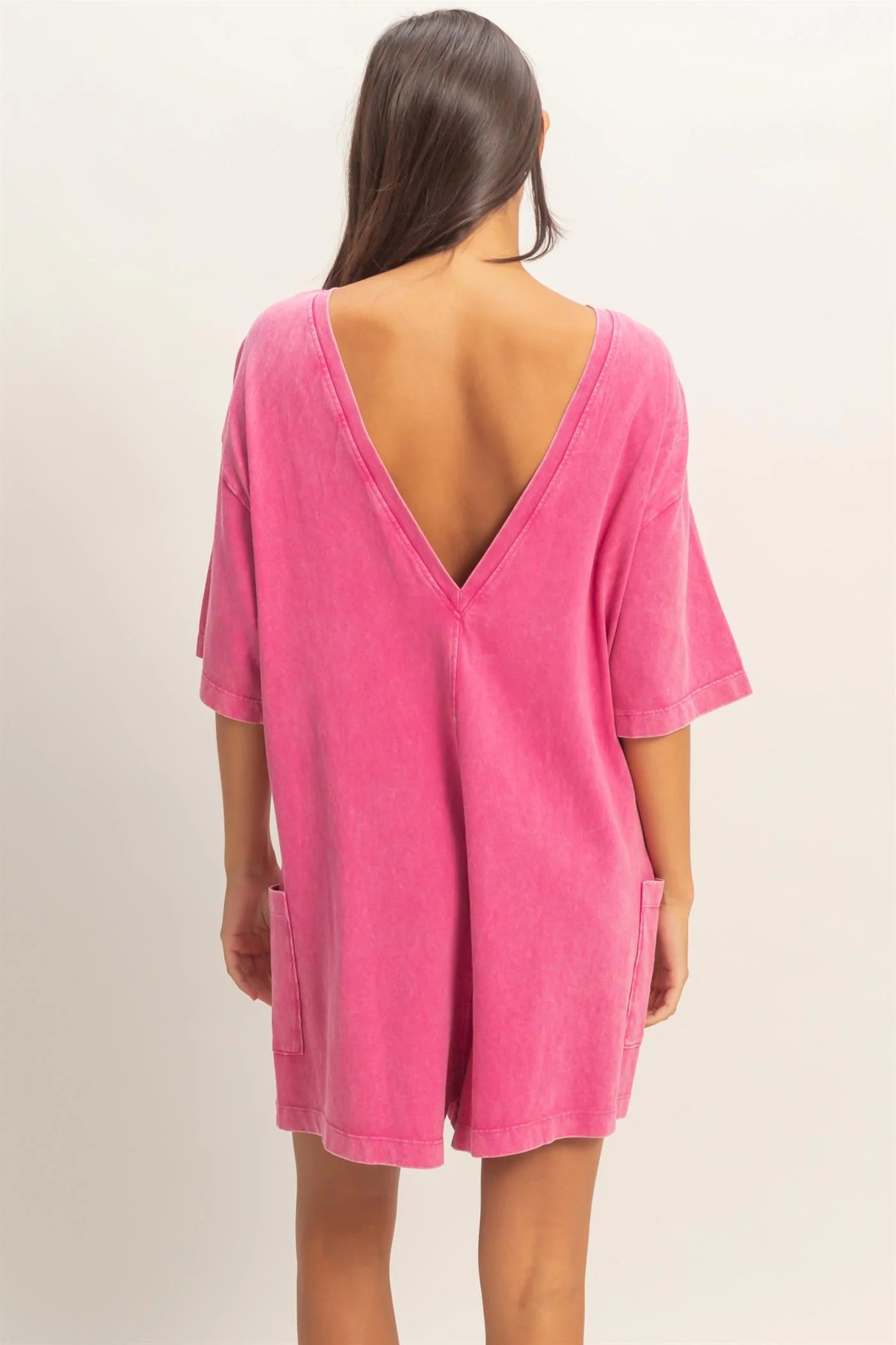 MINERAL WASHED V NECK ROMPER - 2 COLORS