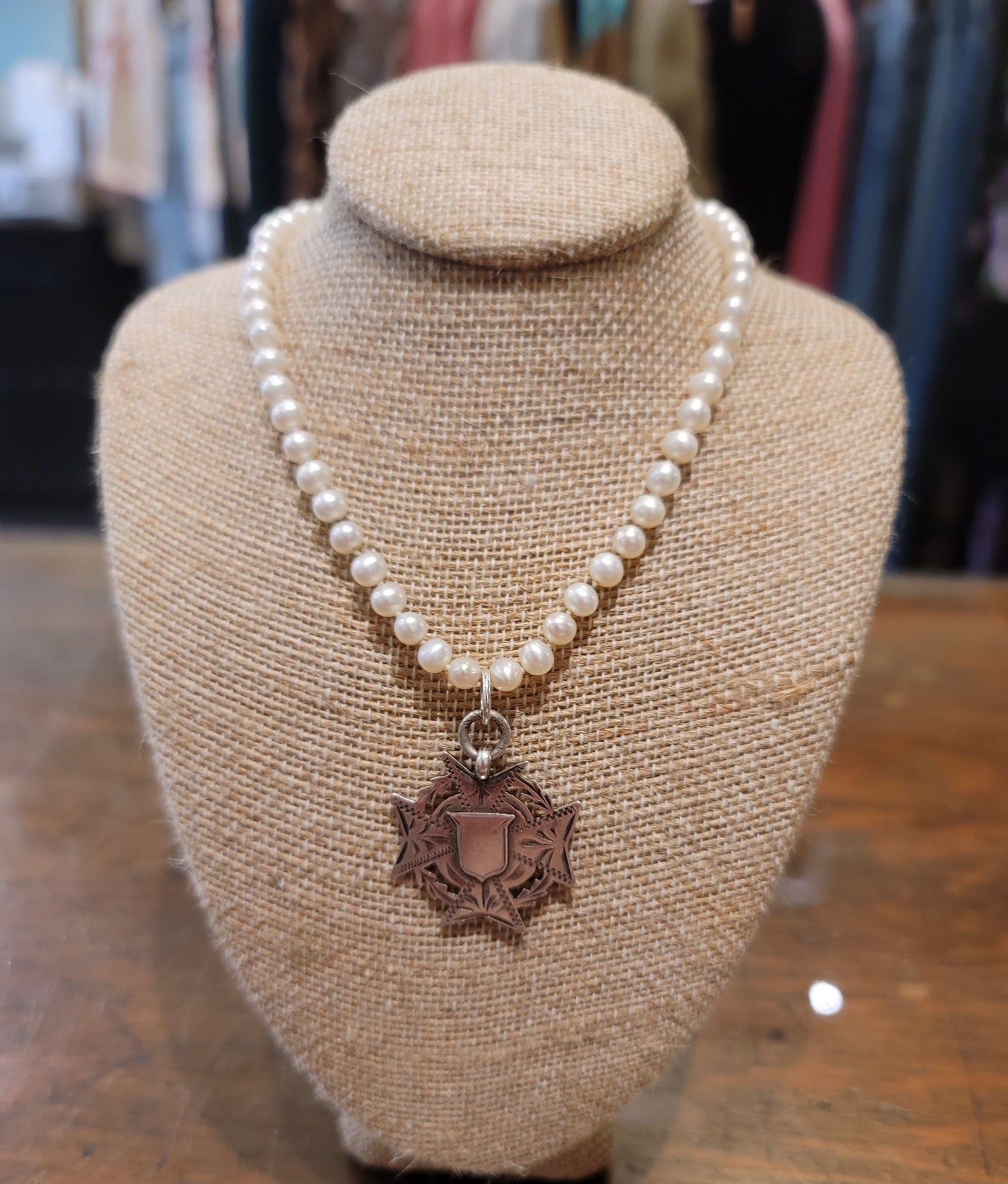 PEARL NECKLACE WITH STERLING MEDALLION