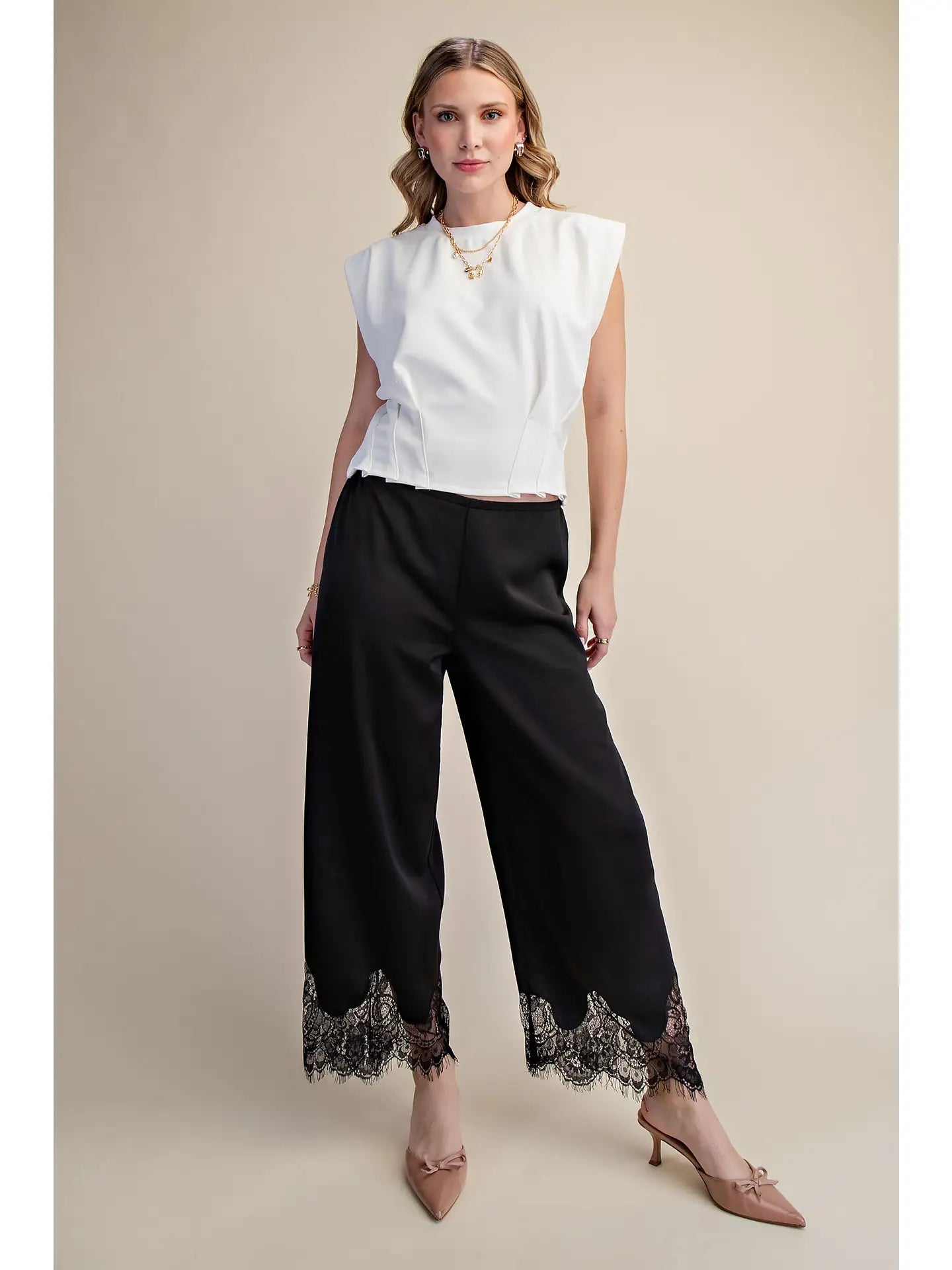 NAVY CROPPED LACE TRIM PANTS