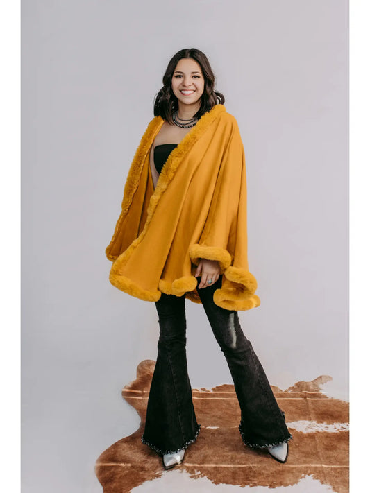 FUR TRIM PONCHO IN MUSTARD