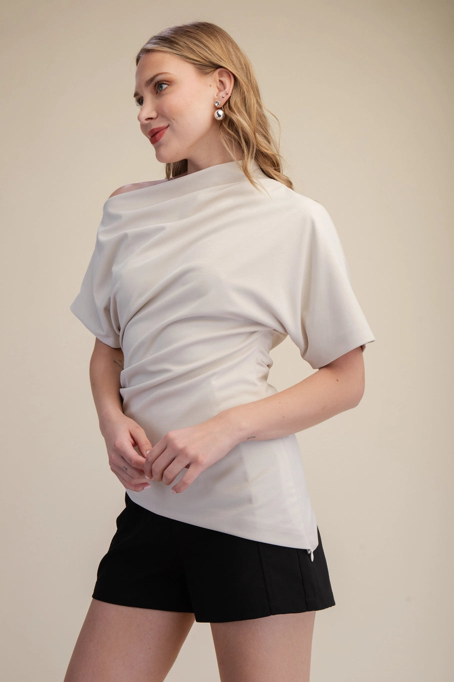 ASYMMETRIC DRAPED NECK BLOUSE