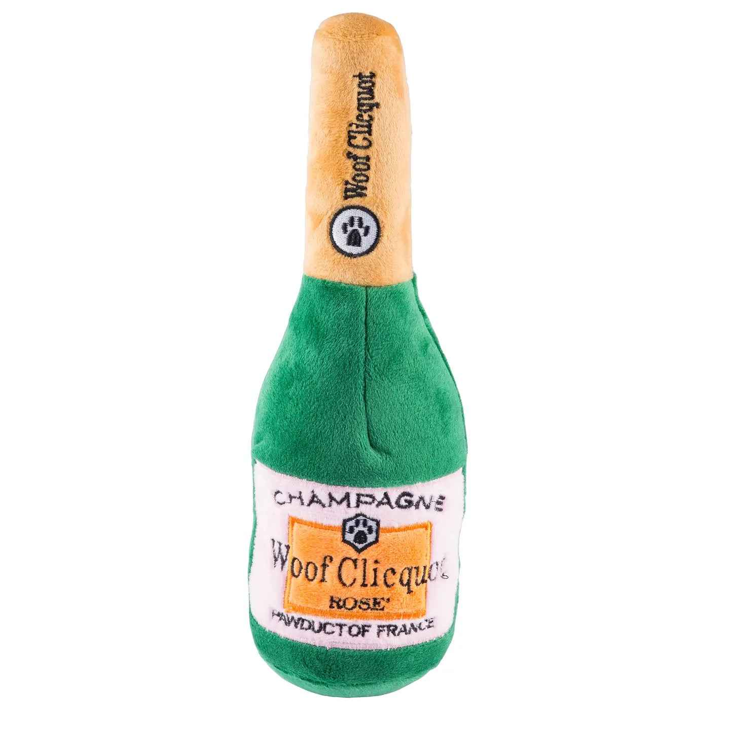 WOOF CLICQUOT ROSE' CHAMPAGNE BOTTLE SQUEAKER DOG TOY