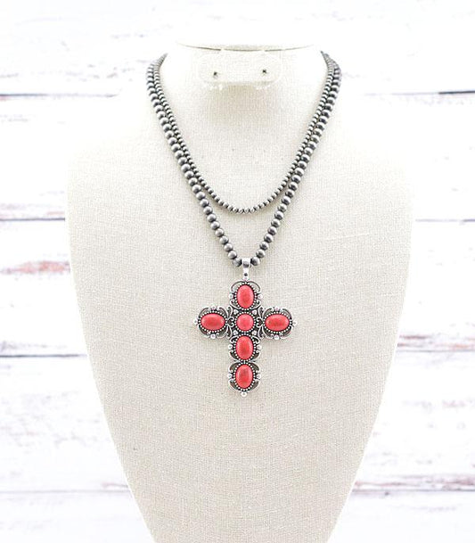 RED TURQUOISE CROSS NECKLACE