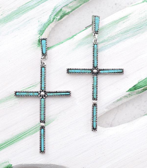 TURQUOISE THIN CROSS EARRINGS