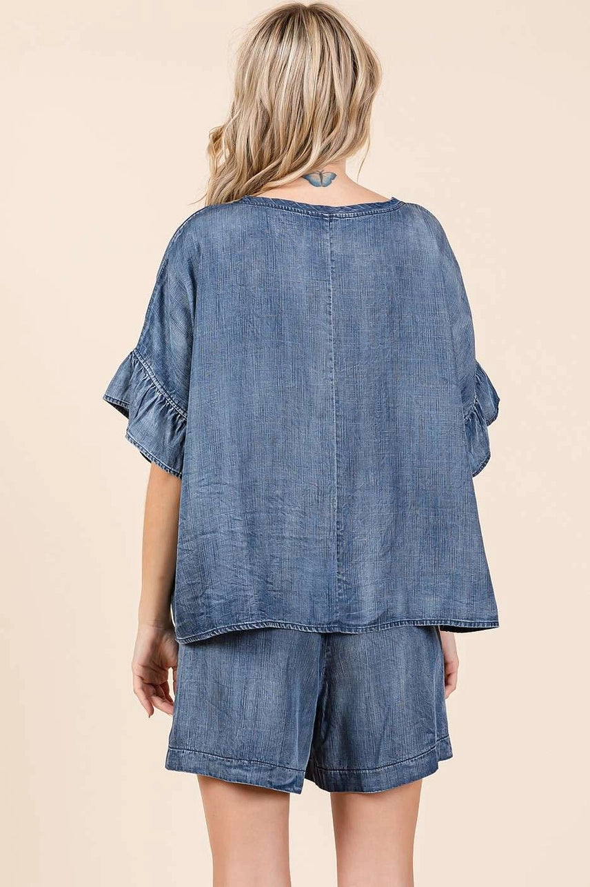 WASHED CHAMBRAY RUFFLE TOP