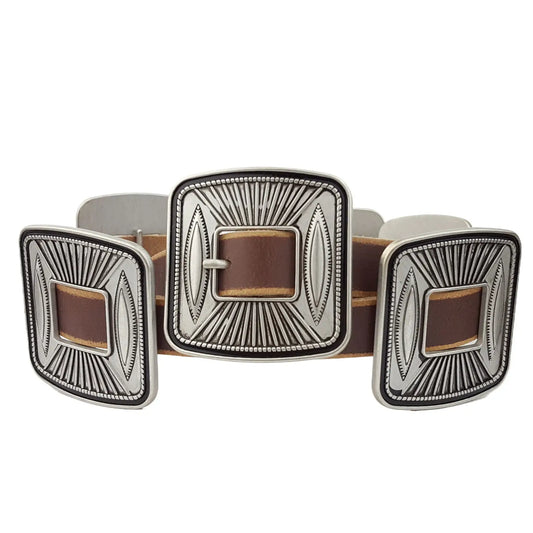 BROWN VINTAGE LEATHER BELT WITH MATCHING BUCKLE/CONCHO