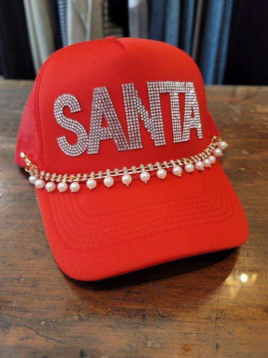 RED SANTA HAT WITH PEARL AND RHINESTONES