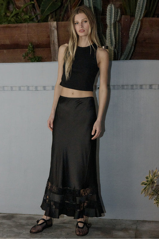 SATIN LACE TRIM MIDI SKIRT