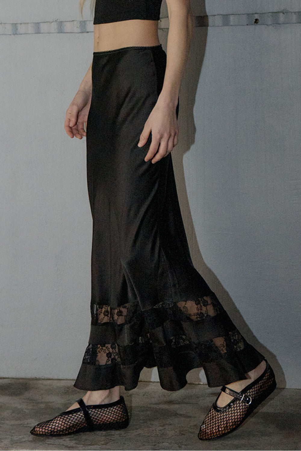 SATIN LACE TRIM MIDI SKIRT