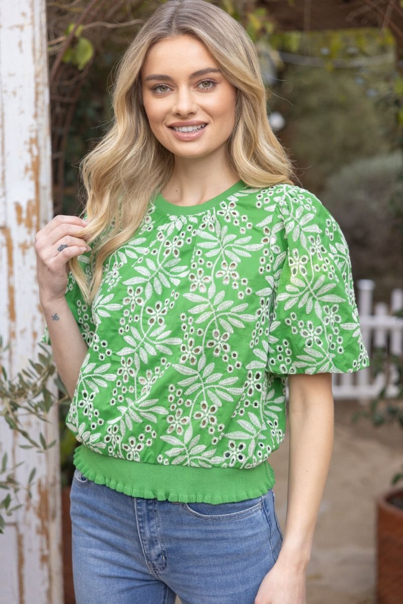LEAF EMBROIDERED EYELET TOP