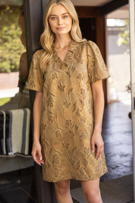 RUFFLE NECK JACQUARD DRESS