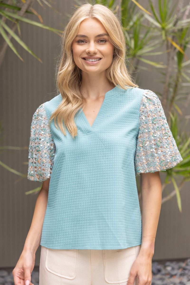 TEXTURED WOVEN TOP WITH SEQUINS