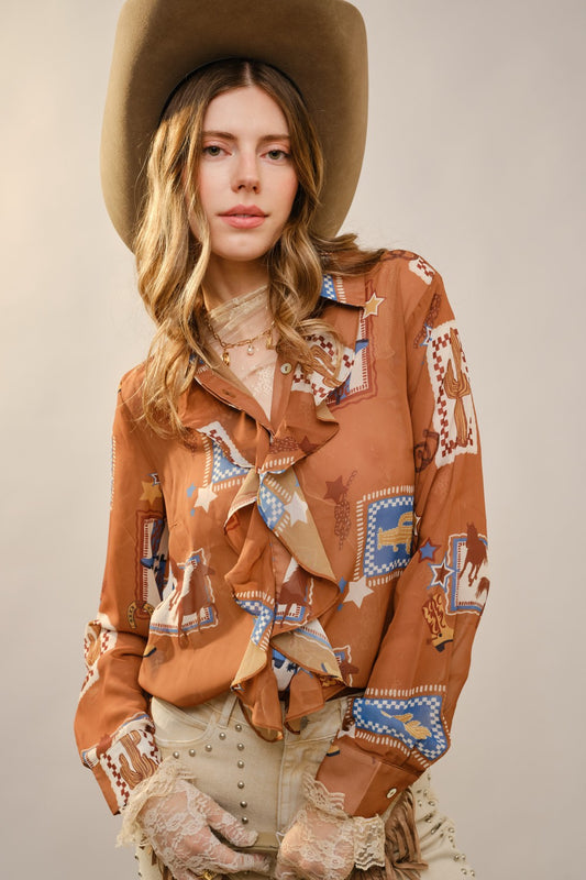 WESTERN PRINT RUFFLE BLOUSE