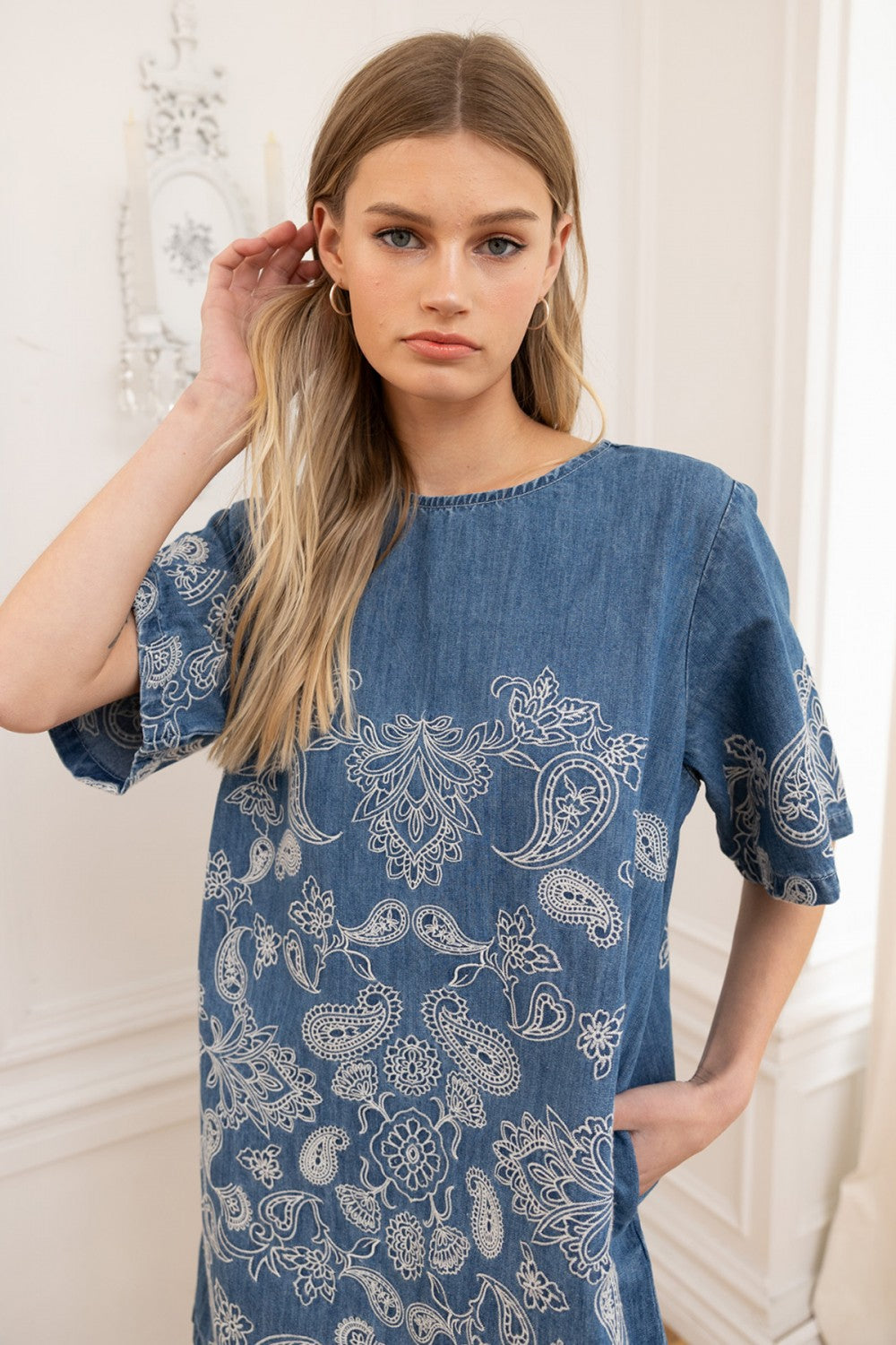 DENIM PAISLEY EMBROIDERED DRESS