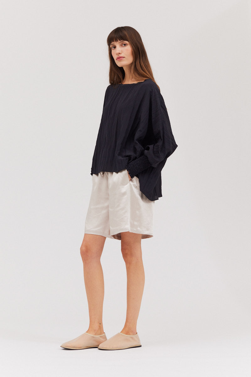 CRINKLE FABRIC SMOCKED CUFF TOP - TWO COLORS