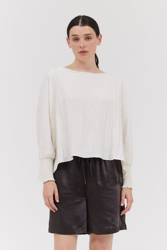CRINKLE FABRIC SMOCKED CUFF TOP - TWO COLORS
