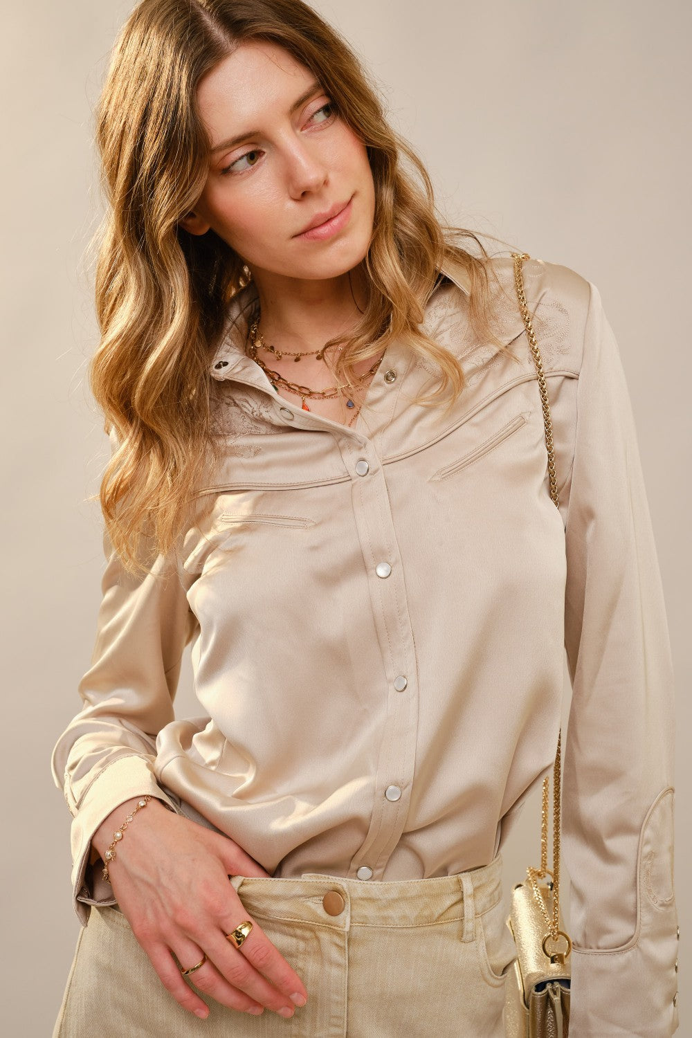 SATIN WESTERN EMBROIDERED PEARL SNAP
