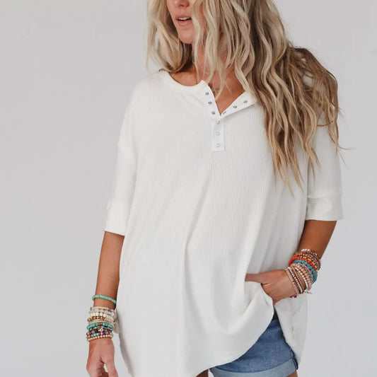 LEILA RIBBED HENLEY IN IVORY BY THREE BIRD NEST