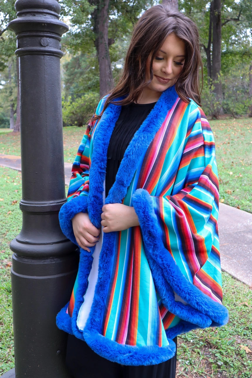 FUR TRIM PONCHO IN SERAPE