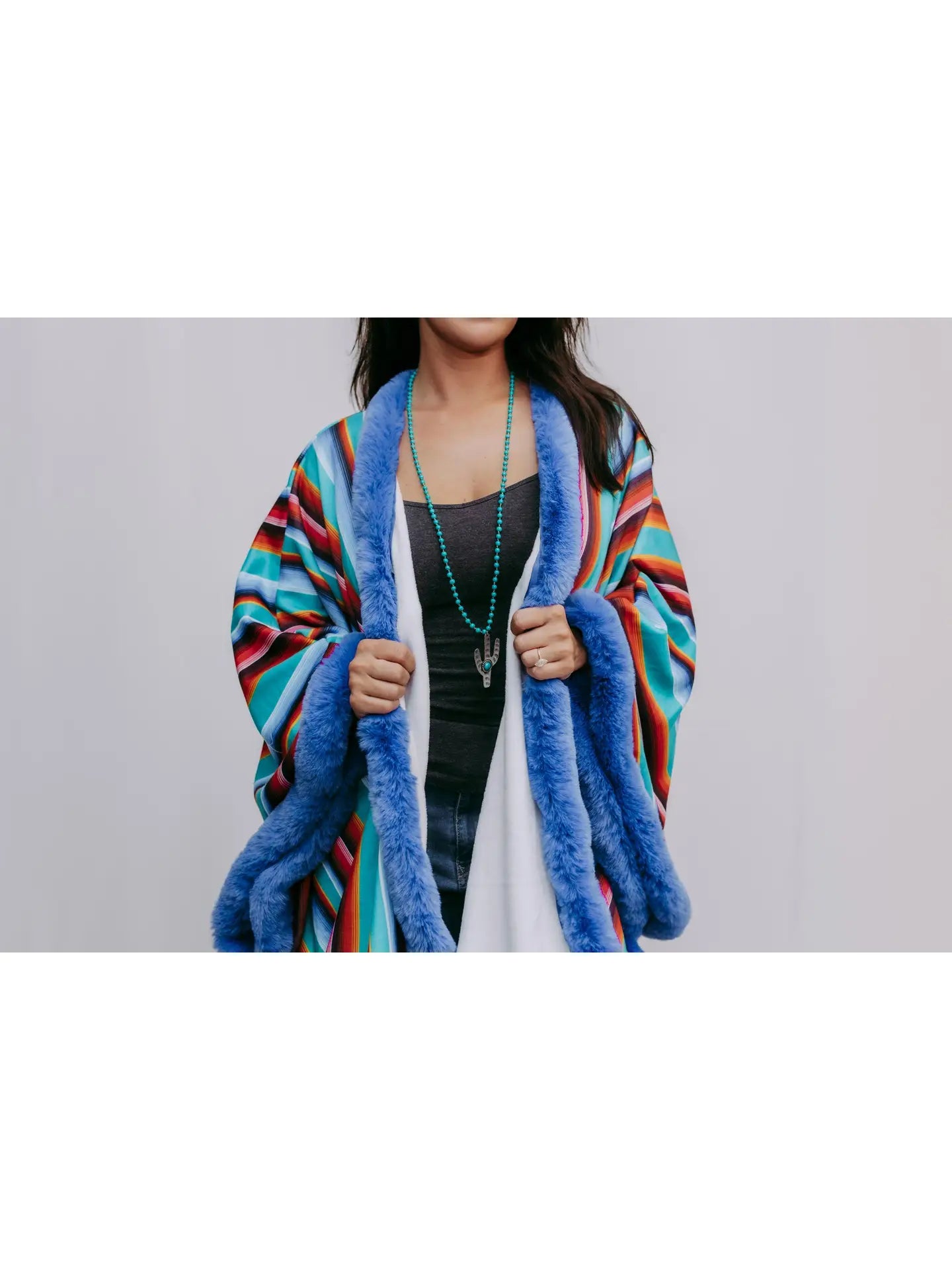 FUR TRIM PONCHO IN SERAPE